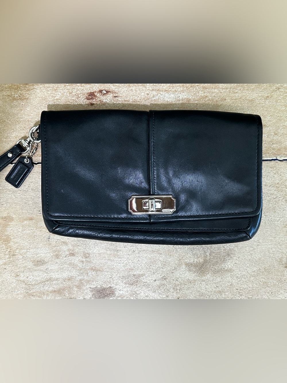 Coach Black Leather Turnlock Wristlet Clutch Silver Hardware